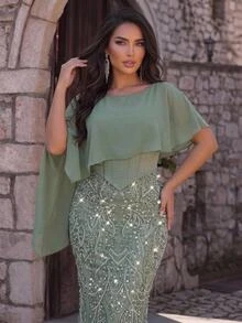 Glamrae Plus Size Elegant Glamorous Luxury Beaded Sequin Embroidered Chiffon Patchwork Ruched Bodycon Mermaid Hem Evening Dress For Wedding, Party, Vacation, Gathering, Music Festival, Graduation, Dinner (Heavy Workmanship Design) - Green - View 2