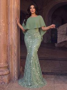 Glamrae Plus Size Elegant Glamorous Luxury Beaded Sequin Embroidered Chiffon Patchwork Ruched Bodycon Mermaid Hem Evening Dress For Wedding, Party, Vacation, Gathering, Music Festival, Graduation, Dinner (Heavy Workmanship Design) - Green - View 8