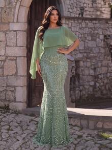 Glamrae Plus Size Elegant Glamorous Luxury Beaded Sequin Embroidered Chiffon Patchwork Ruched Bodycon Mermaid Hem Evening Dress For Wedding, Party, Vacation, Gathering, Music Festival, Graduation, Dinner (Heavy Workmanship Design) - Green - View 7