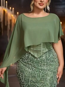 Glamrae Plus Size Elegant Glamorous Luxury Beaded Sequin Embroidered Chiffon Patchwork Ruched Bodycon Mermaid Hem Evening Dress For Wedding, Party, Vacation, Gathering, Music Festival, Graduation, Dinner (Heavy Workmanship Design) - Green - View 9