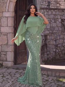 Glamrae Plus Size Elegant Glamorous Luxury Beaded Sequin Embroidered Chiffon Patchwork Ruched Bodycon Mermaid Hem Evening Dress For Wedding, Party, Vacation, Gathering, Music Festival, Graduation, Dinner (Heavy Workmanship Design) - Green - View 4