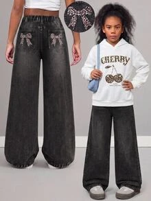 Tween Girl Y2k Fashion Casual Leopard Print Bow Pattern Black Denim Loose Jeans For Black To School - Black - View 1