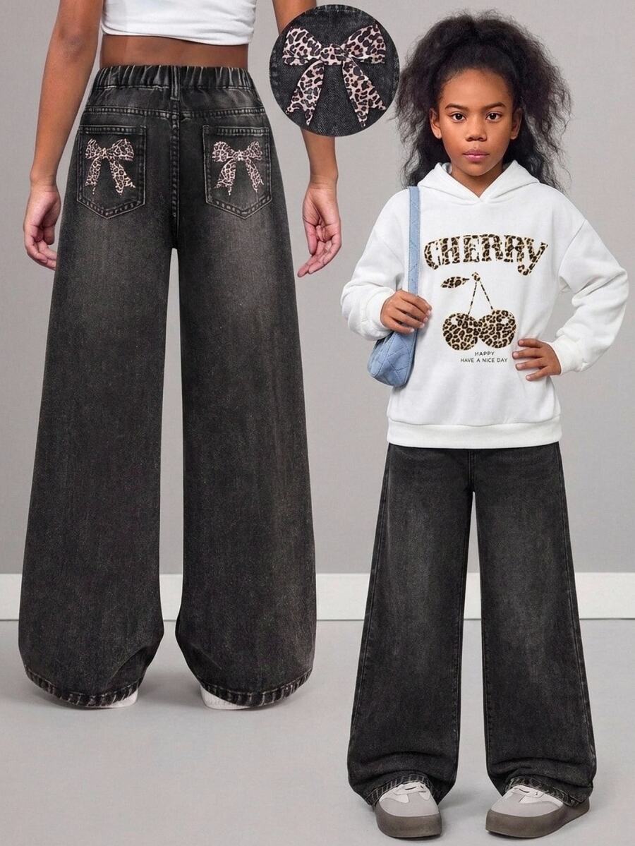 Tween Girl Y2k Fashion Casual Leopard Print Bow Pattern Black Denim Loose Jeans For Black To School - Black - View 1