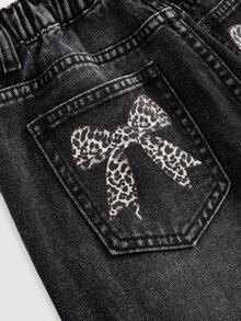 Tween Girl Y2k Fashion Casual Leopard Print Bow Pattern Black Denim Loose Jeans For Black To School - Black - View 4