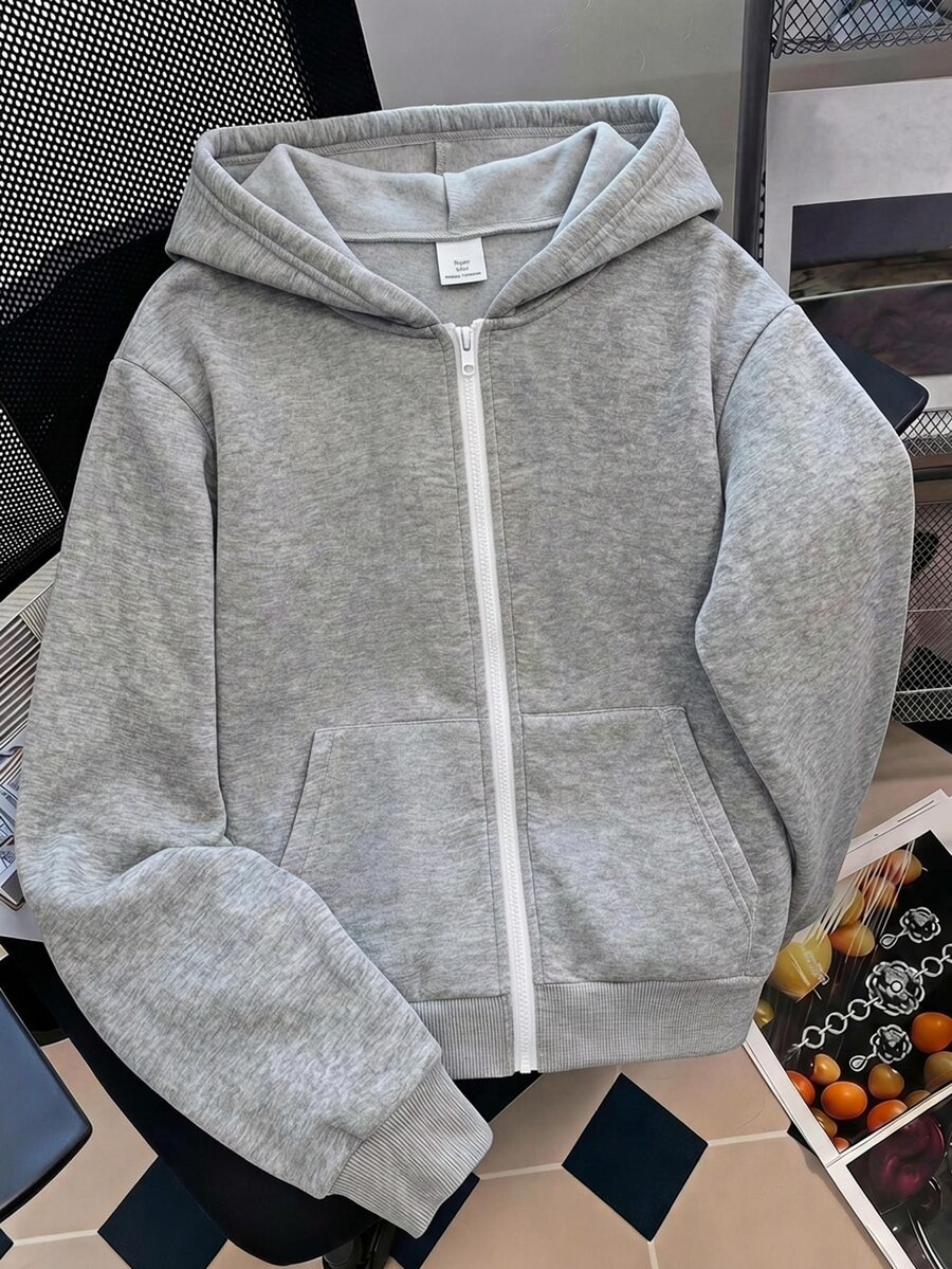 SHEIN 青少年女孩休閒百搭純色淺灰色拼接拉鍊連帽衛衣外套 秋冬款 - 淺灰色 - 查看 1