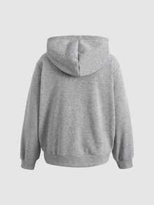SHEIN 青少年女孩休閒百搭純色淺灰色拼接拉鍊連帽衛衣外套 秋冬款 - 淺灰色 - 查看 5