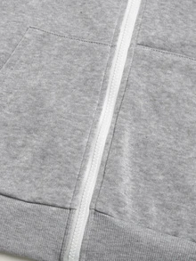 SHEIN 青少年女孩休閒百搭純色淺灰色拼接拉鍊連帽衛衣外套 秋冬款 - 淺灰色 - 查看 8