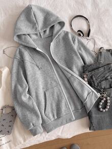 SHEIN 青少年女孩休閒百搭純色淺灰色拼接拉鍊連帽衛衣外套 秋冬款 - 淺灰色 - 查看 3
