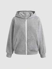 SHEIN 青少年女孩休閒百搭純色淺灰色拼接拉鍊連帽衛衣外套 秋冬款 - 淺灰色 - 查看 4