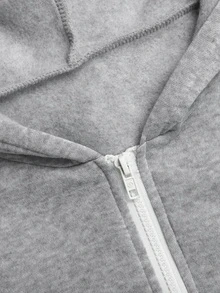 SHEIN 青少年女孩休閒百搭純色淺灰色拼接拉鍊連帽衛衣外套 秋冬款 - 淺灰色 - 查看 7