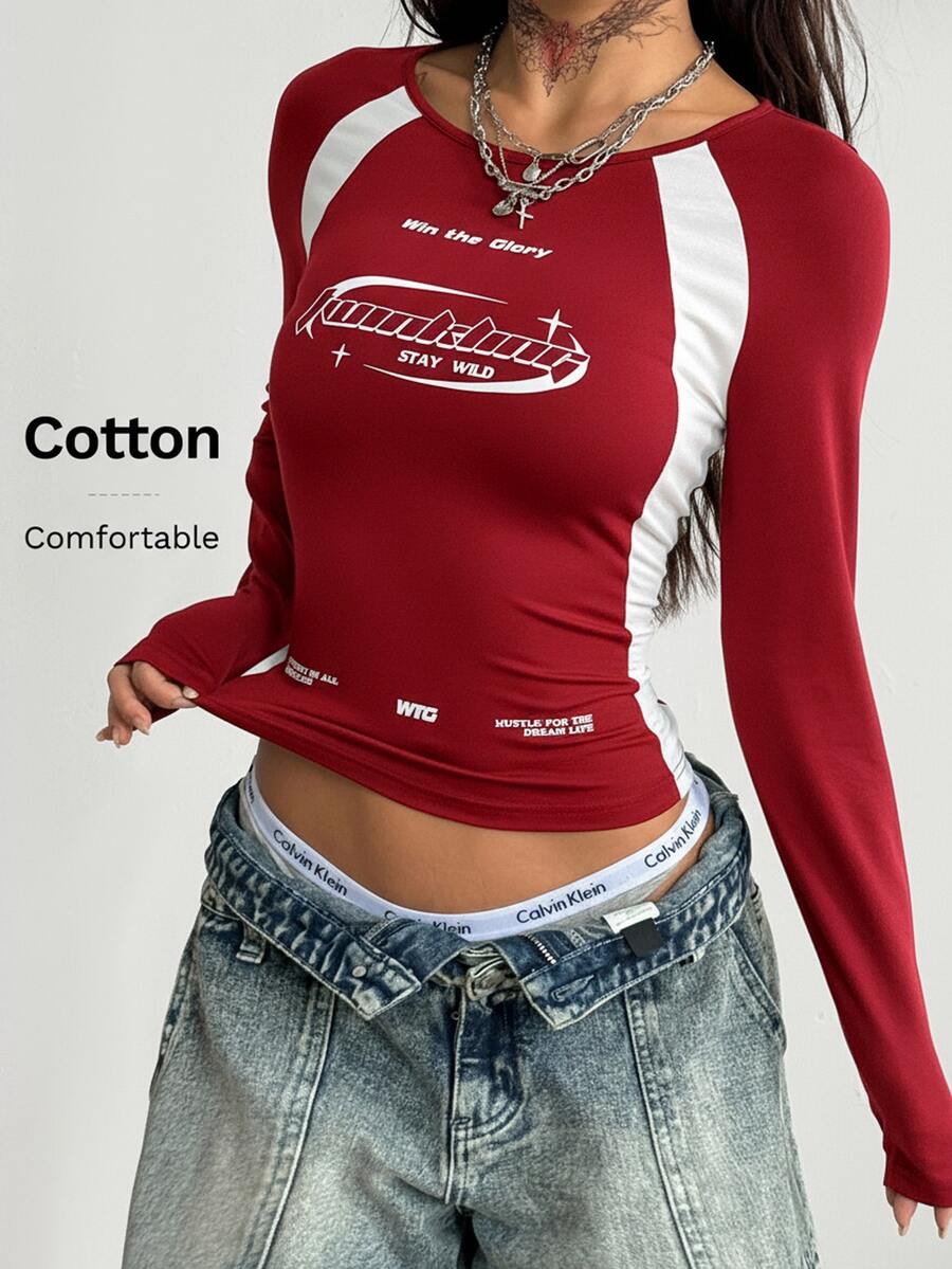 Coolane 女式冬季/秋季街头休闲比赛日返校休闲棉质撞色深蓝色圆领长袖T恤 - 酒紅色 - 查看 1