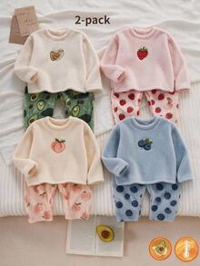 Tween Fleece Pajamas Set, Casual Avocado Embroidery Print Beige Top & Green Pants, Soft Plush Fabric, 1 Set Autumn/Winter - Multicolor - View 10