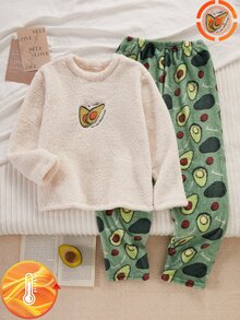 Tween Fleece Pajamas Set, Casual Avocado Embroidery Print Beige Top & Green Pants, Soft Plush Fabric, 1 Set Autumn/Winter - Multicolor - View 6