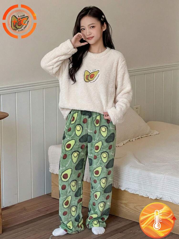 Tween Fleece Pajamas Set, Casual Avocado Embroidery Print Beige Top & Green Pants, Soft Plush Fabric, 1 Set Autumn/Winter - Multicolor - View 4