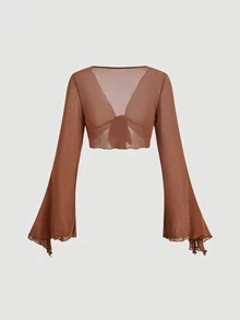 SHEIN MOD Setelan 2 Potong Wanita: Atasan Lengan Lonceng Warna Polos dengan Simpul Depan dan Gaun Cami Motif Bunga - Coklat - View 10