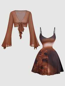 SHEIN MOD Setelan 2 Potong Wanita: Atasan Lengan Lonceng Warna Polos dengan Simpul Depan dan Gaun Cami Motif Bunga - Coklat - View 13