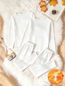 SHEIN Genkimix Kids 男童黑色與灰色保暖長袖上衣與長褲2件式內衣套裝 - 白色 - 查看 4