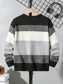 SHEIN Explorewe 青少年男孩黑白條紋針織毛衣，條紋格紋千鳥格圖案，適合秋冬穿著，校園穿搭，柔軟修身，休閒端莊 - 彩色 - 查看 2