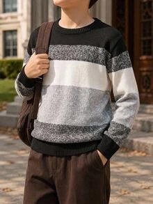 SHEIN Explorewe 青少年男孩黑白條紋針織毛衣，條紋格紋千鳥格圖案，適合秋冬穿著，校園穿搭，柔軟修身，休閒端莊 - 彩色 - 查看 7