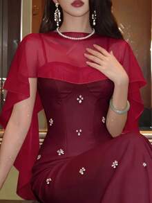 Feyla Women's Rhinestone Decorated Spaghetti Strap Waist-Cinched Cape Mid-Length Dress - Burgundy - View 2