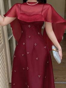 Feyla Women's Rhinestone Decorated Spaghetti Strap Waist-Cinched Cape Mid-Length Dress - Burgundy - View 5