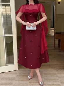 Feyla Women's Rhinestone Decorated Spaghetti Strap Waist-Cinched Cape Mid-Length Dress - Burgundy - View 6
