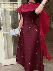 Feyla Women's Rhinestone Decorated Spaghetti Strap Waist-Cinched Cape Mid-Length Dress - Burgundy - View 8