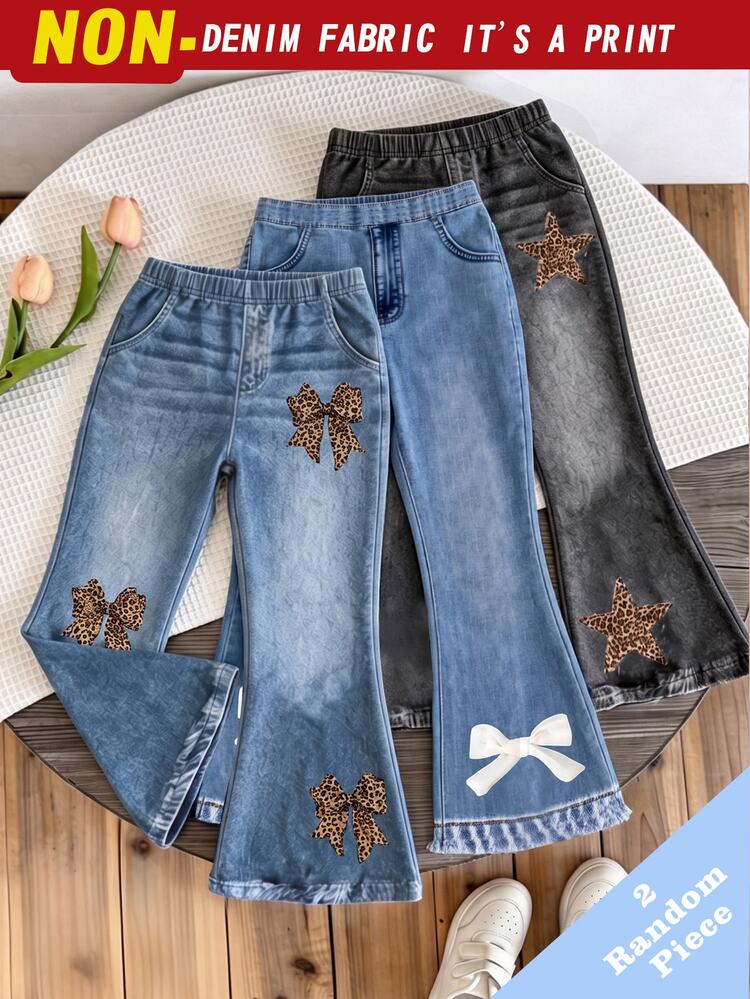 SHEIN Elladie kids [Denim Effect] 4-7y Young Girls 2pcs/Pack (2 Pieces Random ) Sweet Cute Digital Print Elastic Waist Blue Flare Jeans, Suitable For Daily Wear And Outings Autumn Fall - Multicolor - View 1