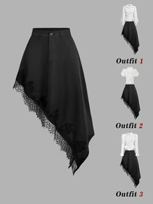 SHEIN MOD 女款蕾絲拼接休閒百搭日常穿著裙 - 黑色 - 查看 2