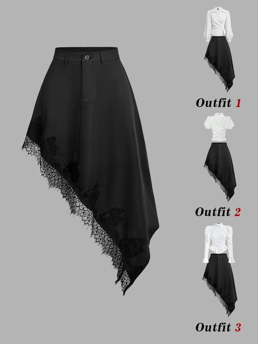 SHEIN MOD تنورة نسائية من الدانتيل بتصميم مرقع كاجوال متعددة الاستخدامات للارتداء اليومي - الأسود - مشاهدة 1