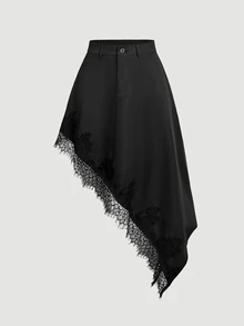 SHEIN MOD 女款蕾絲拼接休閒百搭日常穿著裙 - 黑色 - 查看 4