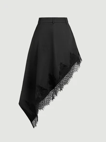 SHEIN MOD 女款蕾絲拼接休閒百搭日常穿著裙 - 黑色 - 查看 5