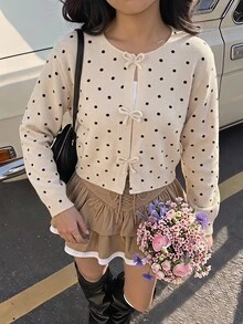 SHEIN 兒童青少年女孩圓領長袖蝴蝶結波點印花冬季開襟衫，返校告別波點白色秋季可愛款 - 杏色 - 查看 10