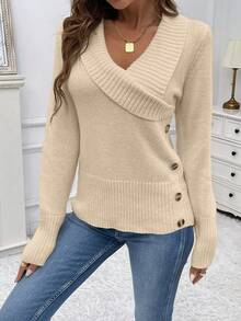 SHEIN LUNE Women V-Neck Long Sleeve Solid Color Button Decoration Casual Sweater, Knit Pullover Fall Winter - Apricot - View 7