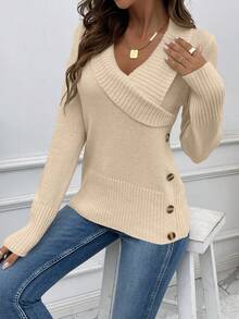 SHEIN LUNE Women V-Neck Long Sleeve Solid Color Button Decoration Casual Sweater, Knit Pullover Fall Winter - Apricot - View 3
