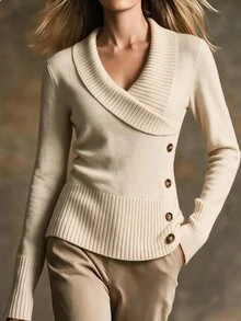 SHEIN LUNE Women V-Neck Long Sleeve Solid Color Button Decoration Casual Sweater, Knit Pullover Fall Winter - Apricot - View 8