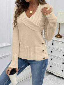 SHEIN LUNE Women V-Neck Long Sleeve Solid Color Button Decoration Casual Sweater, Knit Pullover Fall Winter - Apricot - View 5