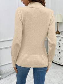 SHEIN LUNE Women V-Neck Long Sleeve Solid Color Button Decoration Casual Sweater, Knit Pullover Fall Winter - Apricot - View 2