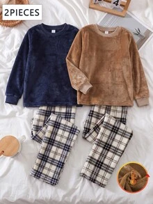 男童 2 件套居家服，休閒極簡風，咖啡棕純色長袖上衣搭配米色藍色格紋內裡長褲，秋冬保暖 - 彩色 - 查看 1