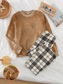 男童 2 件套居家服，休閒極簡風，咖啡棕純色長袖上衣搭配米色藍色格紋內裡長褲，秋冬保暖 - 彩色 - 查看 9