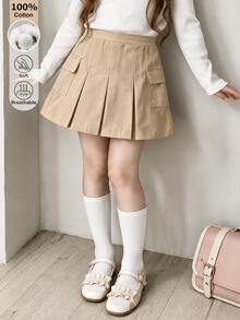 SHEIN 女童 4-7 歲橘色裙子，秋冬款，學院風，Nancy 公主，都市風，適合外出、生日、學校場合 - 卡其色 - 查看 5