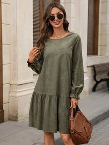 EMERY ROSE Women's Solid Color Round Neck Long Sleeve Ruffle Hem Casual Short Dress - Dark Green - View 6