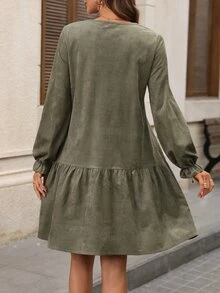 EMERY ROSE Women's Solid Color Round Neck Long Sleeve Ruffle Hem Casual Short Dress - Dark Green - View 2