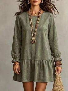 EMERY ROSE Women's Solid Color Round Neck Long Sleeve Ruffle Hem Casual Short Dress - Dark Green - View 1