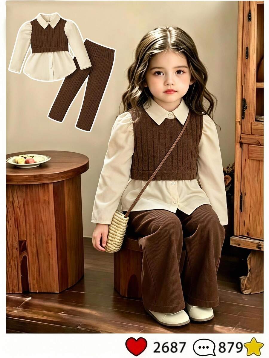 Young Girls Preppy Academic 3pcs Outfits Set Cable Knit Vest Collared Shirt Thermal Leggings Pants For Autumn Winter Back To School - Brown - View 1