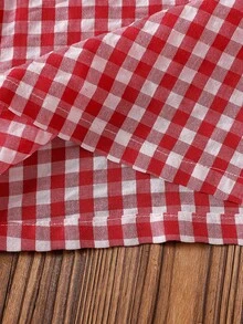 SHEIN 2pcs Baby Girls Sweet Cute Princess Cowgirl Strawberry Print Sleeveless Tank Top Pants Set, Red And White Plaid Stripes + 3D Strawberry Embroidery - Red - View 9
