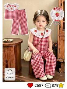 SHEIN 2pcs Baby Girls Sweet Cute Princess Cowgirl Strawberry Print Sleeveless Tank Top Pants Set, Red And White Plaid Stripes + 3D Strawberry Embroidery - Red - View 3