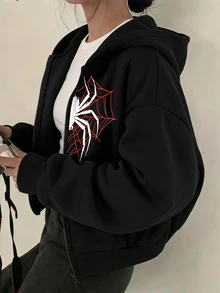 SHEIN 青少年女孩黑色紅色蜘蛛圖案印花休閒寬鬆秋冬夾克，簡約學院風休閒夾克 - 黑色 - 查看 14