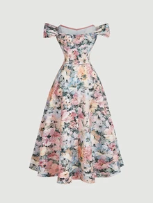 SHEIN MOD Off-Shoulder Floral Print Flared Midi Dress - Multicolor - View 4