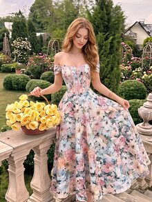 SHEIN MOD Off-Shoulder Floral Print Flared Midi Dress - Multicolor - View 8